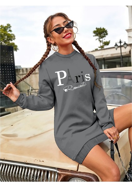 Mottisfashion Kadın Uzun Kollu Bisiklet Yaka Yazılı Kısa Viskon Iki Iplik Elbise