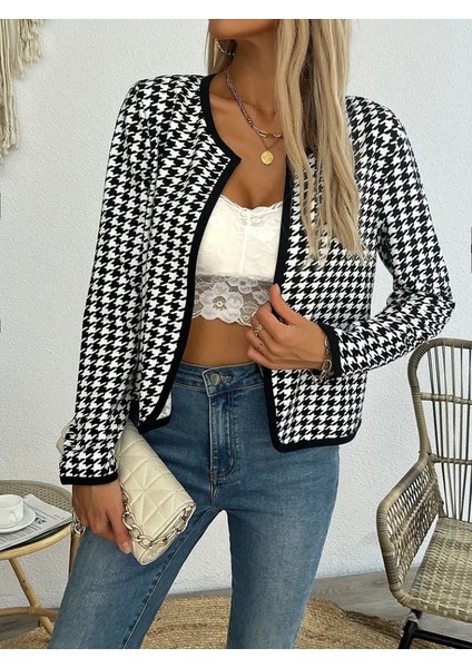 Mottisfashion Kadın Uzun Kollu Kaz Ayağı Desenli Şardonlu Dalgıç Ceket