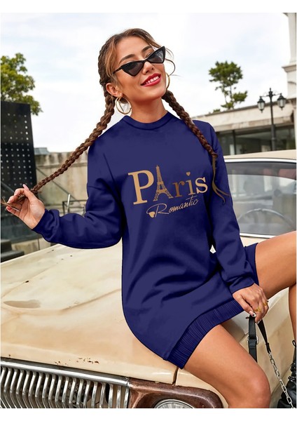 Mottisfashion Kadın Uzun Kollu Bisiklet Yaka Yazılı Kısa Viskon Iki Iplik Elbise