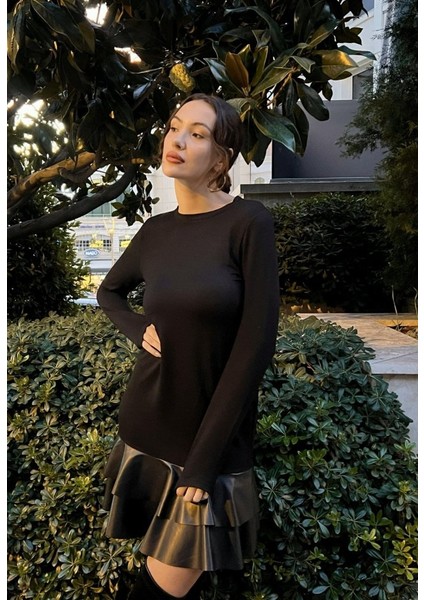 Mottisfashion Kadın Uzun Kollu Bisiklet Yaka Üst Viskon Etek Ucu Deri Kısa Elbise