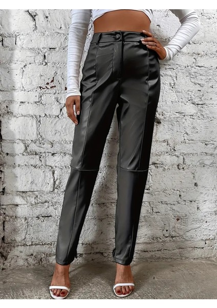 Mottisfashion Kadın Yüksek Bel Önden Düğmeli Deri Pantolon