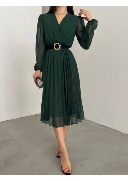 Mottisfashion Kadın Şifon Kumaş Astalı Kloş Kesim Kruvaze Yaka Midi Boy Elbise fiyatları