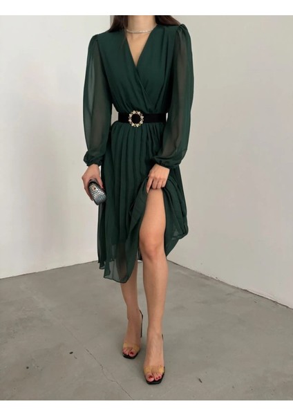 Mottisfashion Kadın Şifon Kumaş Astalı Kloş Kesim Kruvaze Yaka Midi Boy Elbise fırsatları