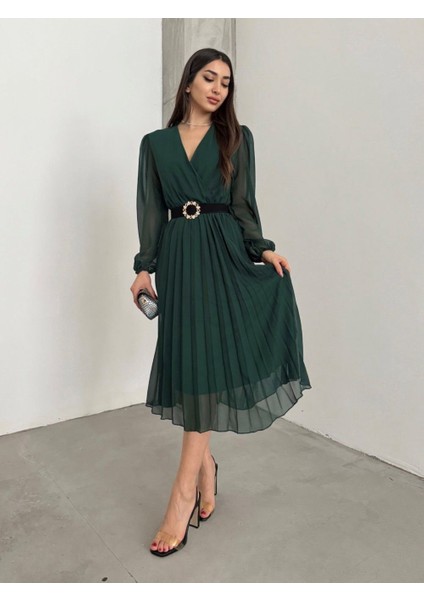 Mottisfashion Kadın Şifon Kumaş Astalı Kloş Kesim Kruvaze Yaka Midi Boy Elbise indirimleri