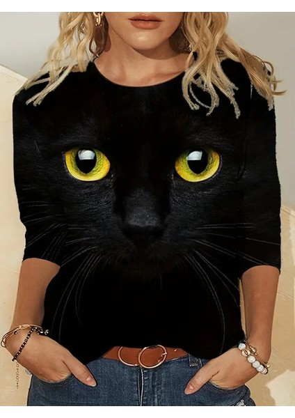 Mottisfashion Kadın Uzun Kollu Bisiklet Yaka Kedi Desenli Süprem Bluz modelleri