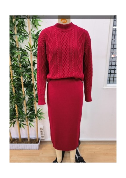 Mottisfashion Kadın Uzun Kollu Balıkçı Yaka Bluz ve Etek Ikili Triko Takım