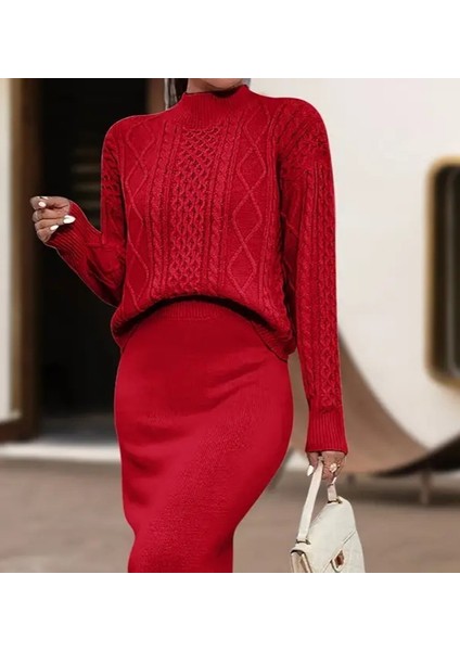 Mottisfashion Kadın Uzun Kollu Balıkçı Yaka Bluz ve Etek Ikili Triko Takım