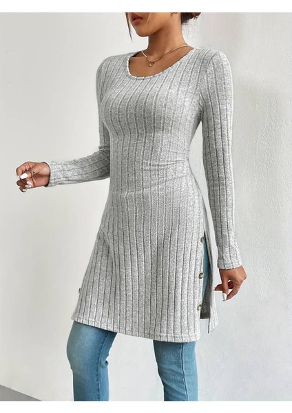 Mottisfashion Kadın Uzun Kollu Yuvarlak Yaka Yandan Yırtmaçlı Düğmeli Şardonlu Kaşkorse Bluz