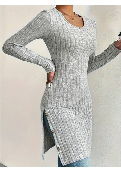 Mottisfashion Kadın Uzun Kollu Yuvarlak Yaka Yandan Yırtmaçlı Düğmeli Şardonlu Kaşkorse Bluz