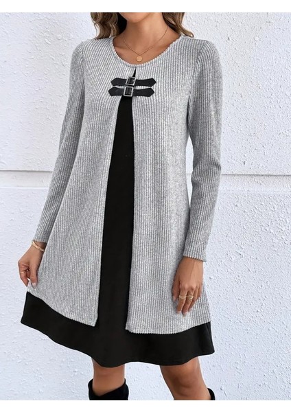 Mottisfashion Kadın Uzun Kollu Önü Tokalı Şardonlu Kaşkorse Iç Kısmı Viskon Midi Elbise Ikili Takım