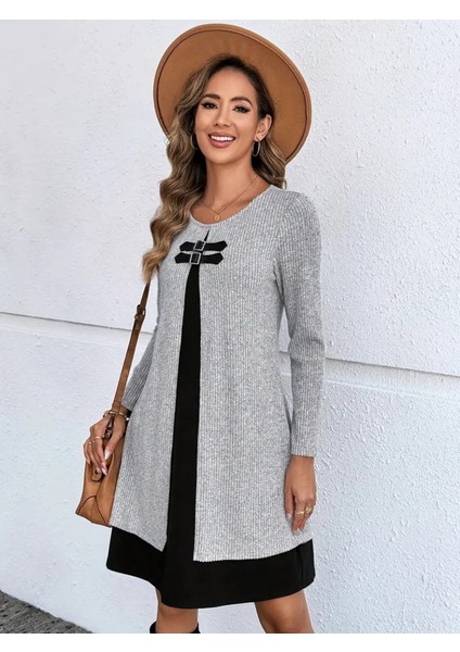Mottisfashion Kadın Uzun Kollu Önü Tokalı Şardonlu Kaşkorse Iç Kısmı Viskon Midi Elbise Ikili Takım