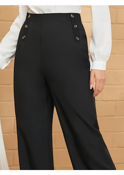 Mottisfashion Kadın Düğme Detay Bol Paça Ithal Krep Pantolon