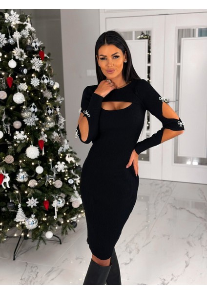 Mottisfashion Kadın Dekolte Detaylı Scuba Dalgıç Kumaş Taş Aksesuarli Elbise