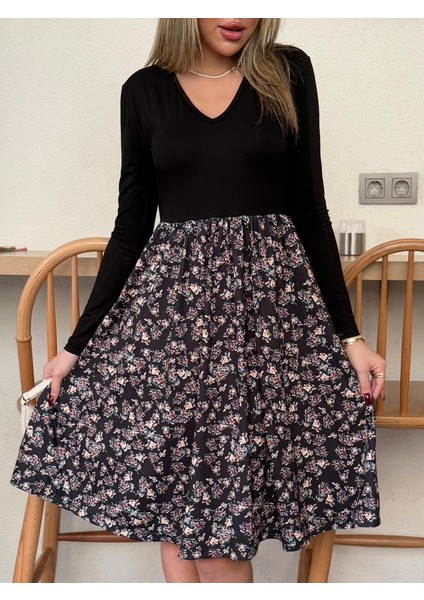 Mottisfashion Kadın Uzun Kollu V Yakalı Üst Viskon Alt Çiçek Desenli Süprem Kısa Elbise