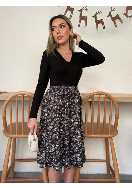 Mottisfashion Kadın Uzun Kollu V Yakalı Üst Viskon Alt Çiçek Desenli Süprem Kısa Elbise