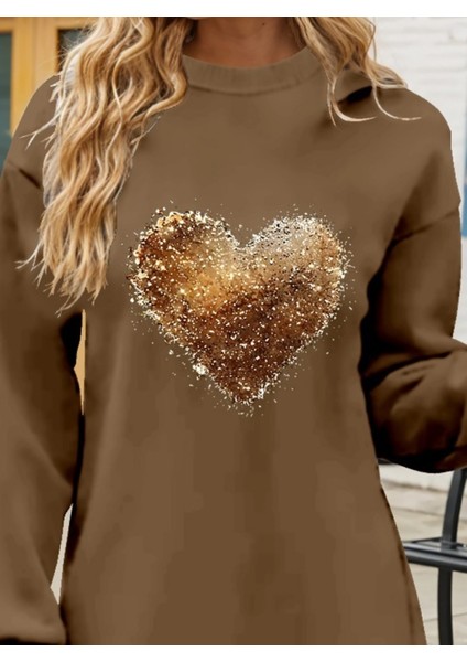 Mottisfashion Kadın Uzun Kollu Bisiklet Yaka Kalp Desenli Viskon Iki Iplik Bluz