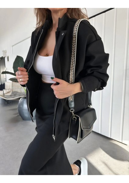 Mottisfashion Ryse Mevsim Kaşe Fermuarlı Ceket Etek Takım Kaşmir Ceket Etekli Ikili Takım Kaşe Bomber Ceket-Etek Takım