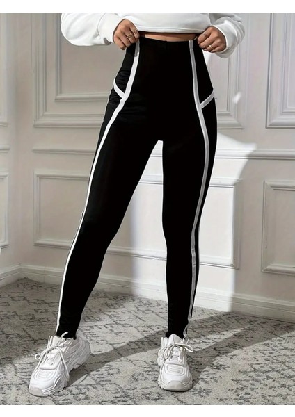 Mottisfashion Kadın Yan Çift Şerit Detaylı Toparlayıcı Egzersiz Dalgıç Tayt
