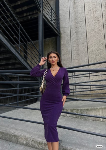 Mottisfashion Kadın Kruvaze Yaka Balon Kol Simli Krep Kumaş Midi Boy Elbise fiyatları