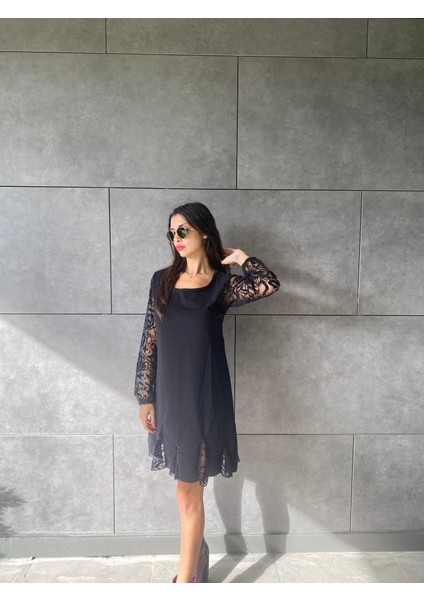 Mottisfashion Kadın Uzun Kollu Yuvarlak Yaka Kol ve Etek Ucu Dantelli Kısa Ithal Krep Elbise fırsatları