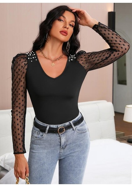 Mottisfashion Kadın Uzun Kollu Omuz Inci Kollar Tül Detay Viskon Bluz