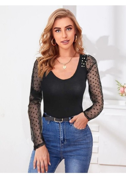 Mottisfashion Kadın Uzun Kollu Omuz Inci Kollar Tül Detay Viskon Bluz
