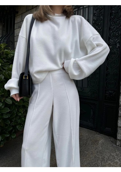 Mottisfashion Crop, Pantolon Fitilli Ikili Takım -Beyaz