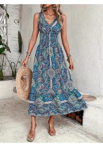 Mottisfashion Kadın Beli Gipeli Etnik Desen Sıfır Kol Süprem Elbise modelleri