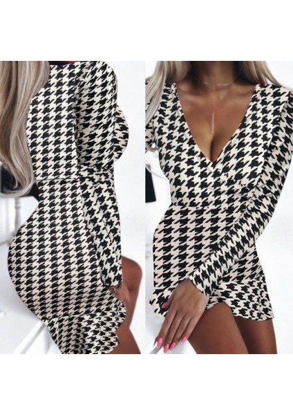 Mottisfashion Kadın Uzun Kollu Kruvaze Yaka Kazayağı Mikro Mini Boy Elbise