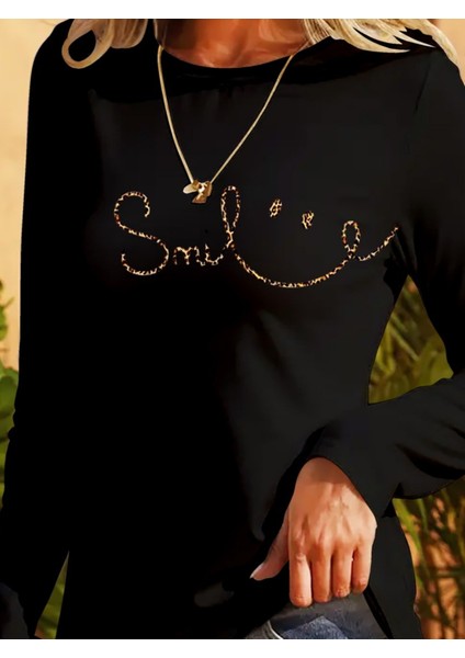 Mottisfashion Kadın Uzun Kollu Bisiklet Yaka Gülümseyen Surat Desenli Viskon Bluz