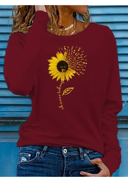 Mottisfashion Kadın Uzun Kollu Bisiklet Yaka Ayçiçeği Desenli Viskon Bluz