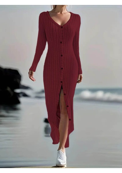 Mottisfashion Kadın Uzun Kollu V Yakalı Önden Düğmeli Şardonlu Kaşkorse Elbise fiyatları