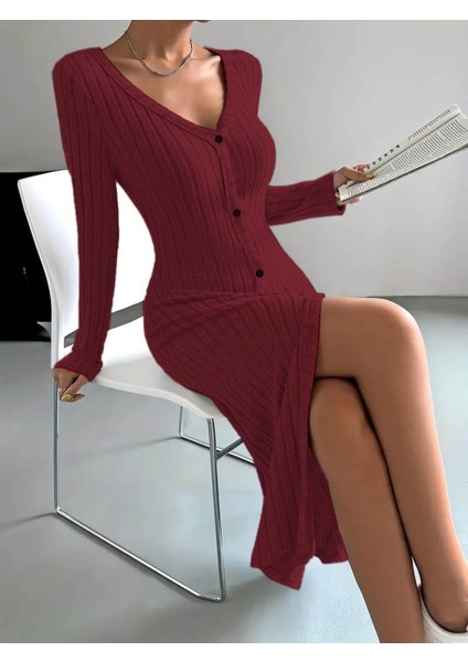 Mottisfashion Kadın Uzun Kollu V Yakalı Önden Düğmeli Şardonlu Kaşkorse Elbise indirimleri
