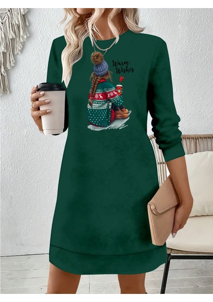 Mottisfashion Kadın Uzun Kollu Bisiklet Yaka Desenli Viskon Iki Iplik Elbise