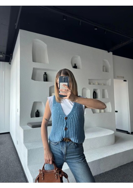 Mottisfashion Triko Kolsuz Düğmeli Yelek - Mavi fiyatları