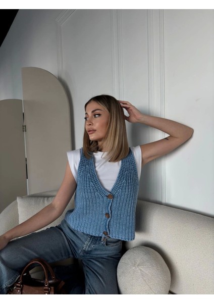 Mottisfashion Triko Kolsuz Düğmeli Yelek - Mavi