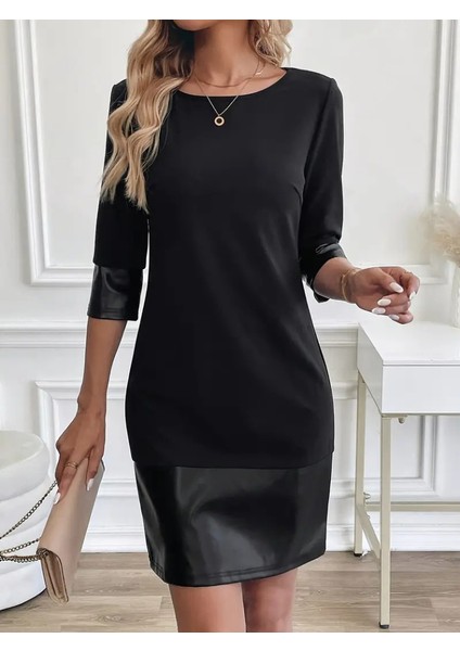 Mottisfashion Kadın Uzun Kollu Bisiklet Yaka Deri Detaylı Ithal Krep Elbise indirimleri