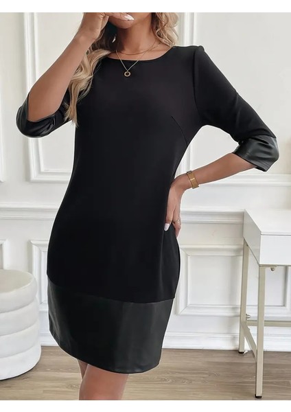 Mottisfashion Kadın Uzun Kollu Bisiklet Yaka Deri Detaylı Ithal Krep Elbise