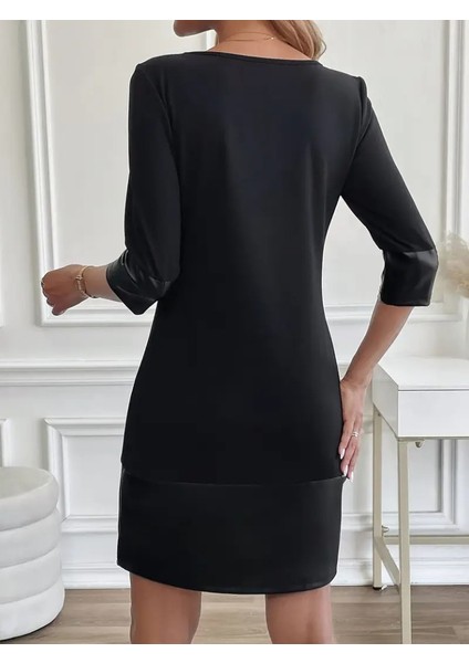 Mottisfashion Kadın Uzun Kollu Bisiklet Yaka Deri Detaylı Ithal Krep Elbise