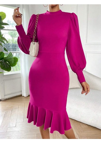 Mottisfashion Kadın Uzun Kollu Yarı Balıkçı Yaka Etek Ucu Fırfır Detaylı Midi Ithal Krep Elbise fiyatları