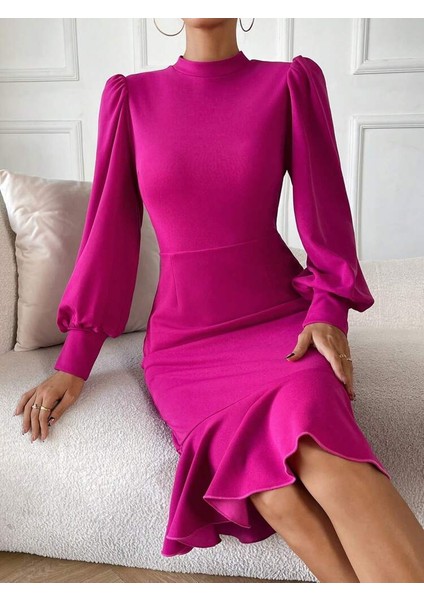 Mottisfashion Kadın Uzun Kollu Yarı Balıkçı Yaka Etek Ucu Fırfır Detaylı Midi Ithal Krep Elbise fırsatları