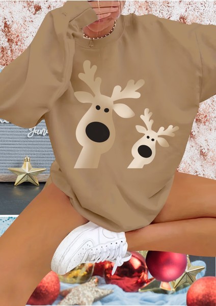 Mottisfashion Kadın Uzun Kollu Bisiklet Yaka Geyik Desenli Viskon Iki Iplik Bluz