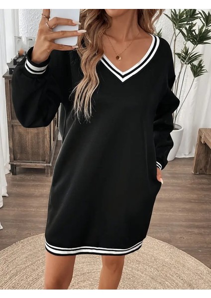 Mottisfashion Kadın Uzun Kollu V Yakalı Şerit Detaylı Kısa Viskon Iki Iplik Elbise