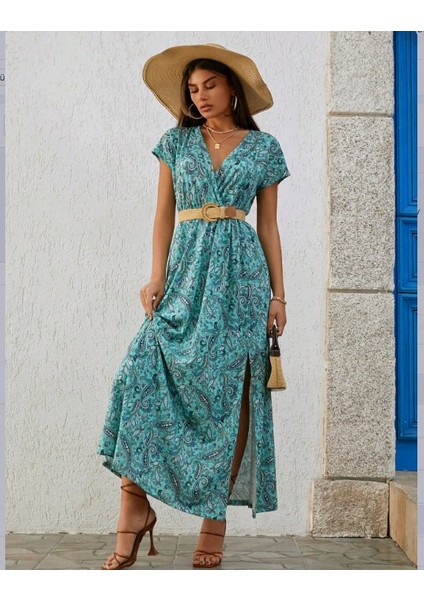 Mottisfashion Kadın Kısa Kollu V Yaka Etnik Desenli Yırtmaç Detay Süprem Elbise (Kemersiz)