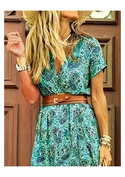 Mottisfashion Kadın Kısa Kollu V Yaka Etnik Desenli Yırtmaç Detay Süprem Elbise (Kemersiz)