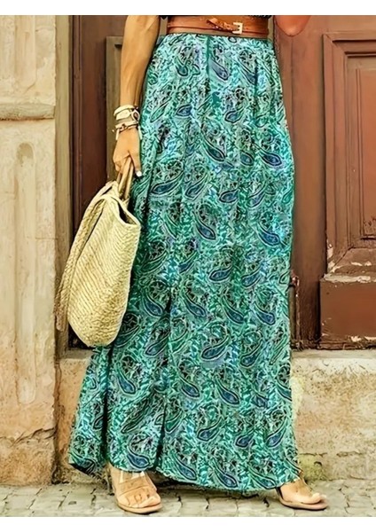 Mottisfashion Kadın Kısa Kollu V Yaka Etnik Desenli Yırtmaç Detay Süprem Elbise (Kemersiz)