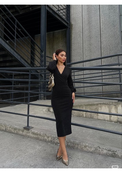 Mottisfashion Kadın Kruvaze Yaka Balon Kol Simli Krep Kumaş Midi Boy Elbise fırsatları