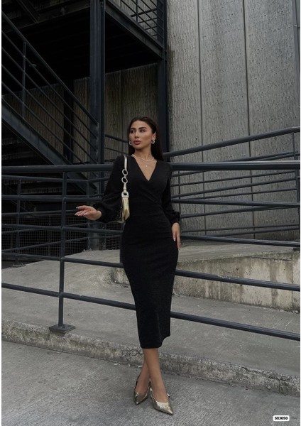 Mottisfashion Kadın Kruvaze Yaka Balon Kol Simli Krep Kumaş Midi Boy Elbise