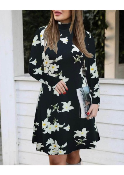 Mottisfashion Kadın Balıkçı Yaka Uzun Kollu Çiçek Desenli Krep Elbise