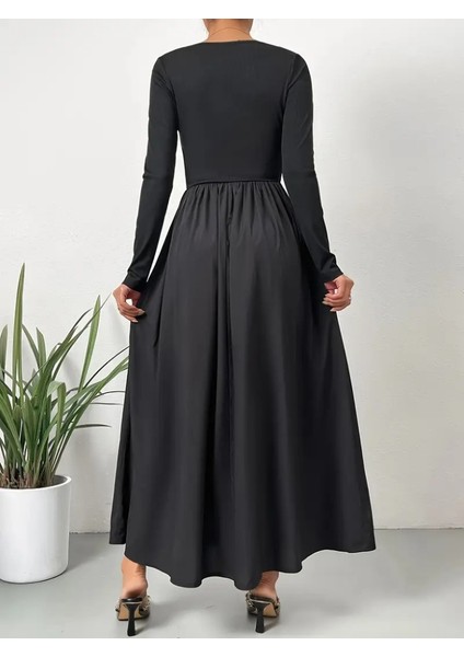 Mottisfashion Kadın Uzun Kollu Bisiklet Yaka Uzun Üst Viskon Alt Trikoton Elbise